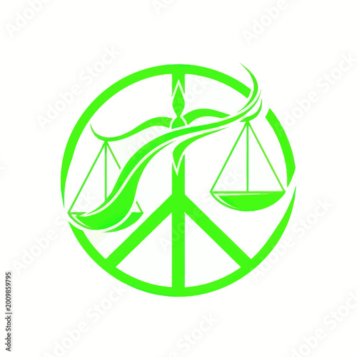 Foto Peace and Justice Symbol: Scales of Justice within Peace Sign, Green