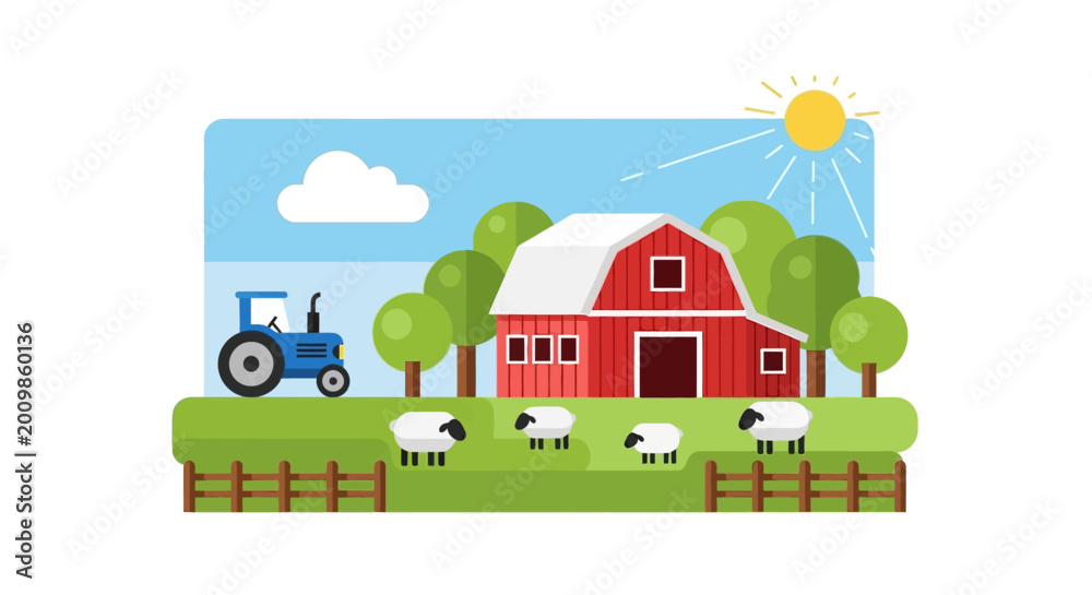 Fototapeta premium Farm Scene with Red Barn, Tractor, Sheep, and Trees Under Sunny Sky