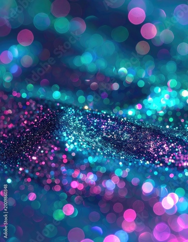 A vibrant and mesmerizing abstract image showcases a dynamic interplay of turquoise, purple, and pink bokeh lights against a shimmering, glittery dark blue surface.