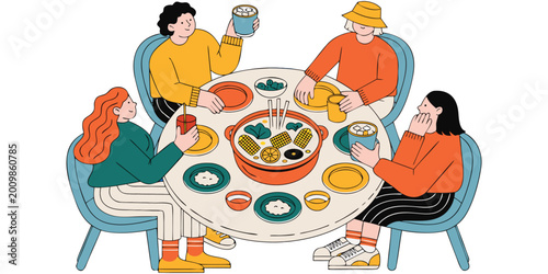 Family Meal Gathering Flat Illustration Warm Scene.