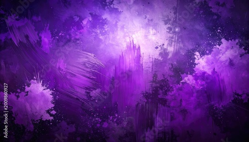 An intensely purple abstract painting evokes a sense of dramatic energy and ethereal beauty.