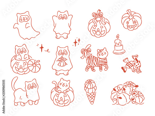 Quadro su tela Hand drawn halloween cat clipart set with pumpkins, ghosts, candle and spooky au