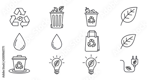 Schilderij op canvas Eco Icons: Recycling, Nature, Water, Energy, Trash, Leaf, Lightbulb, Plug