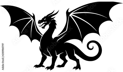 Bild auf Leinwand Dragon Silhouette Icon with Wings and Tail for Fantasy, Mythology, and Creature