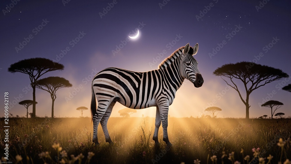 Fototapeta premium A zebra standing in a serene wilderness landscape at night, under the starlit sky with lighting that highlights its beauty.