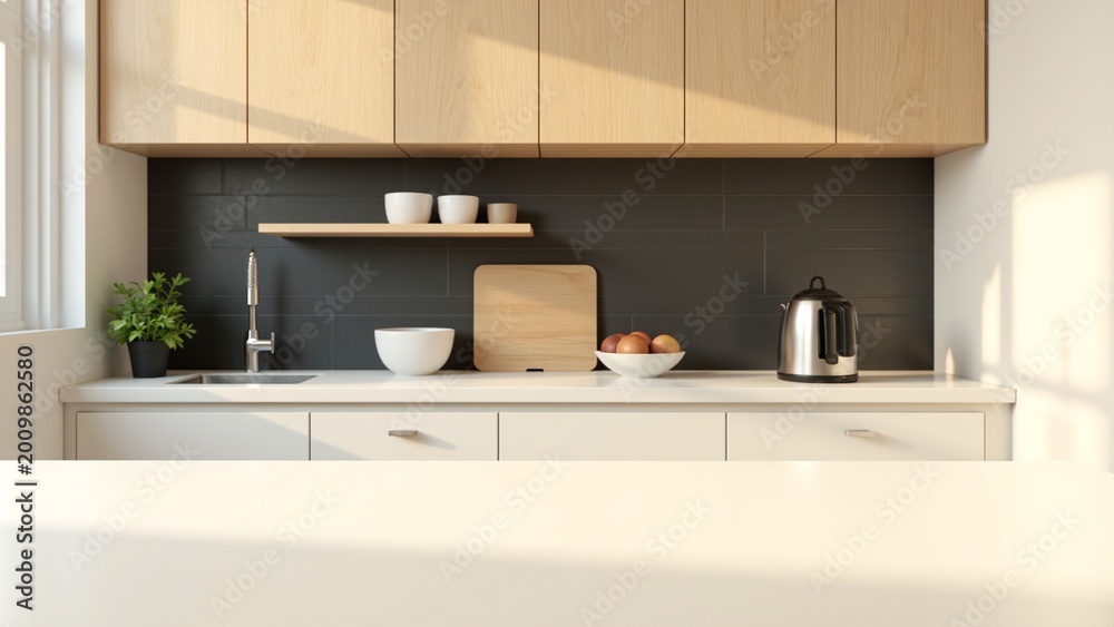 Fototapeta premium Modern kitchen with sleek design and storage. Features include a sunlit window, black tile backsplash, stainless steel appliances, wooden cabinets, breakfast bar, and ample counter space.