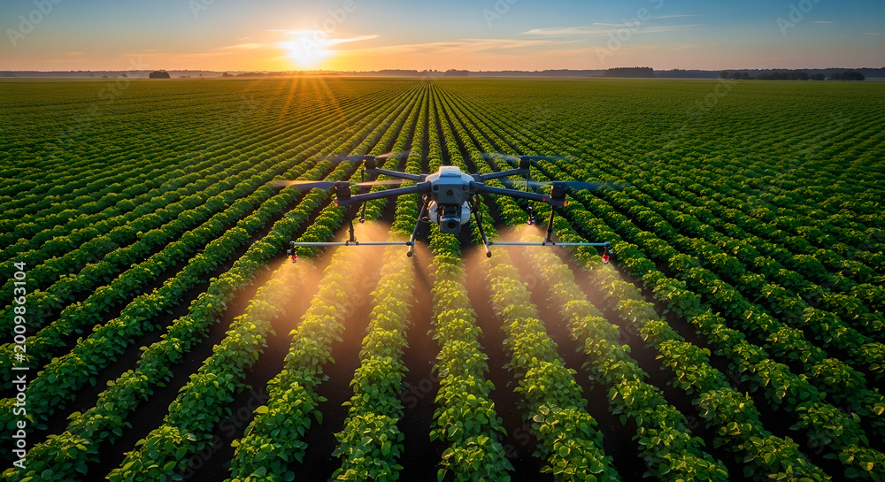 Fototapeta premium Drone spraying pesticides on crops at sunset, precision agriculture, farming technology, aerial view.