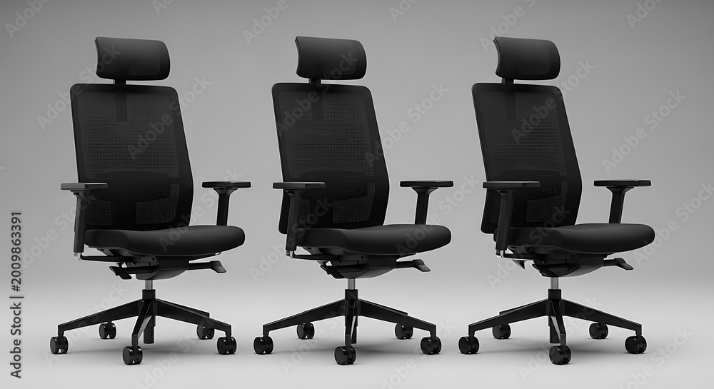 Obraz premium Three modern black office chairs lined up