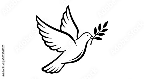 Black and white peace dove flying with olive branch