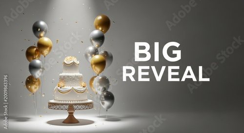 Celebration cake, white and gold balloons, big reveal party decoration, festive dessert