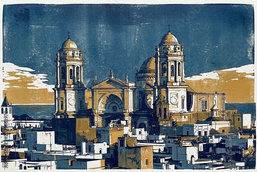 Two color linocut of Cadiz Cathedral (Catedral de Cadiz) in Andalucia, Spain. Historic church skyline, city rooftops, sea and tourists.