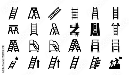 Fotografi Ladder and Climbing Icon Set Featuring Different Ladder Styles, Ramps, and Climb