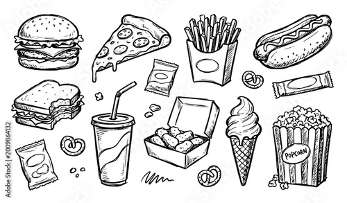 Quadro em tela Hand-drawn Fast Food Icon Set Featuring Burgers, Pizza, Fries, Ice Cream, and Sn