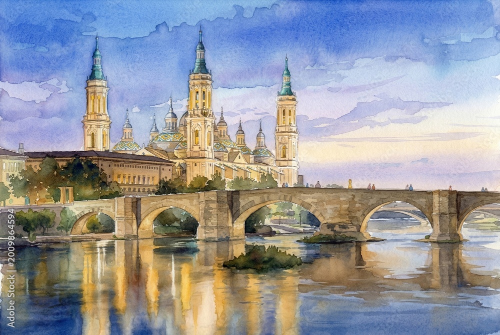 Fototapeta premium Watercolor painting of Basilica del Pilar (Basilica de Nuestra Senora del Pilar) and Stone Bridge (Puente de Piedra) over Ebro River in Zaragoza, Spain.
