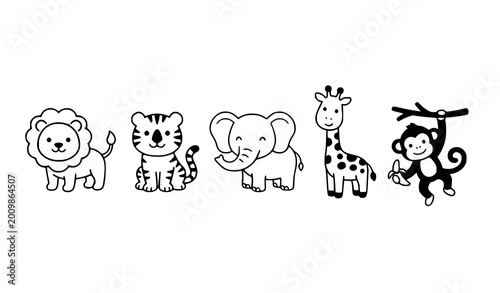 Photography Cute Animal Characters Illustration Set Featuring a Lion, Tiger, Elephant, Giraf