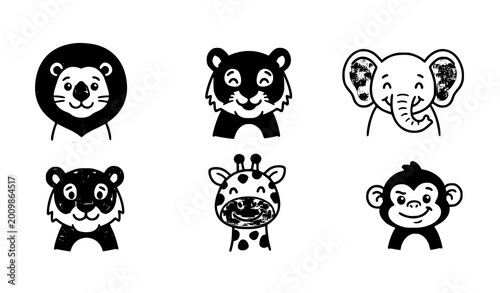 Photography Cute Animal Faces Illustration Set Featuring a Lion, Tiger, Elephant, Giraffe, a