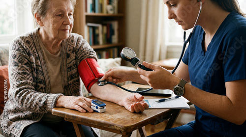 Nurse Measuring Blood Pressure of Senior Patient at Home Setting