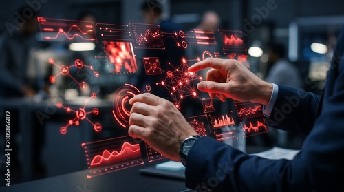 Businessman interacting with futuristic digital interface in office setting with graphs and charts