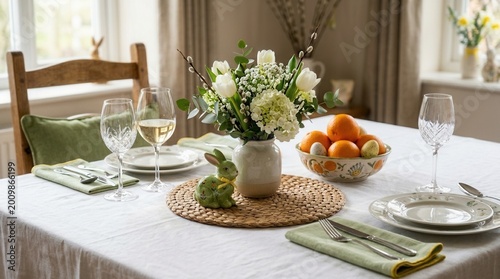 Table set Easter dinner is covered white tablecloth Plates with napkin, cutlery