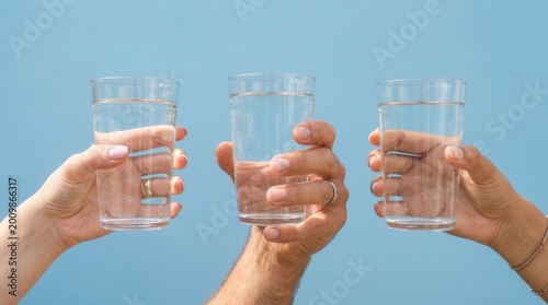 Three hands holding transparent glasses water against light Female