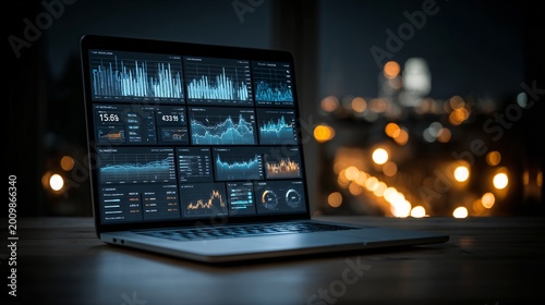 fintech dashboard with glowing financial data charts over laptop, blue lighting, copy space