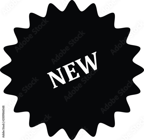 Black new badge with starburst shape and bold white lettering isolated on white background, Vector, illustration
