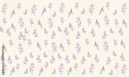 Delicate Purple and Blue Hand-Drawn Floral Seamless Pattern on a Cream Background
