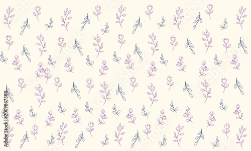Foto Purple and Blue Hand-Drawn Floral Seamless Pattern on a Cream Background, eps