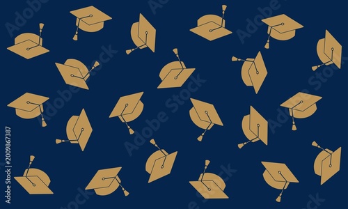 Seamless Graduation Cap Pattern with Golden Mortarboards on a Navy Blue Background
