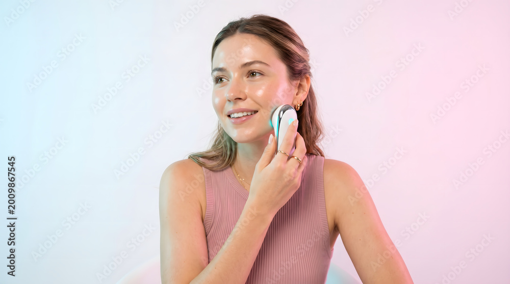 Naklejka premium Young Woman Using Smart Facial Skincare Device, Beauty Technology and Modern Skin Care Routine Concept, pastel colors, solid studio background 