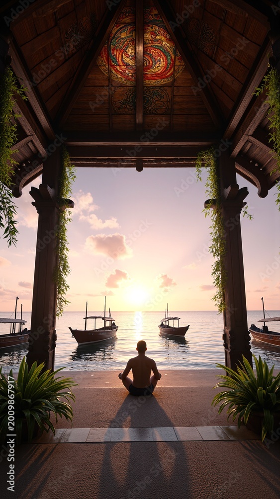 Fototapeta premium A person meditating at the end of a pier during a picturesque sunset, with boats in the distance and lush greenery.