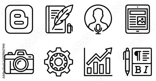 set of business and media icons including blogging photography and infographics