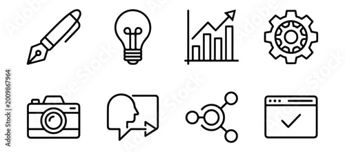 set of business and technology icons, including pen, lightbulb, graph, gear, camera, speech bubble, molecule, and browser