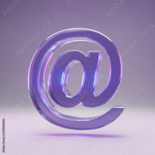 Glassy At Symbol Icon with Neon Lighting on Purple Gradient Background