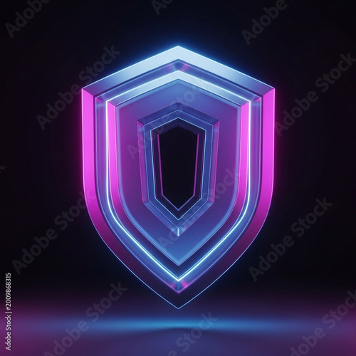 Futuristic Shield Emblem Glowing with Neon Pink and Blue Light
