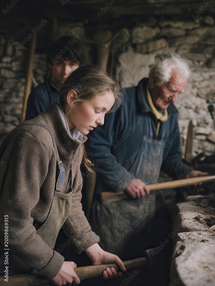 Fototapeta premium Three generations of a family demonstrating traditional woodworking techniques in a rustic workshop, with a young girl learning the craft from her grandfather and father
