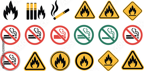 Foto No smoking and no open fire icon set, forbidden signs representing safety rules fire prevention hazard awareness and workplace restriction design