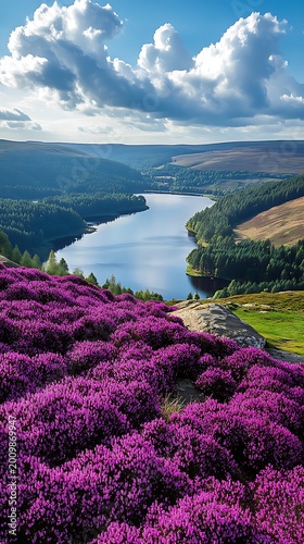 Expansive fields of vibrant purple heather on sunlit hills overlooking a tranquil reservoir under a blue sky