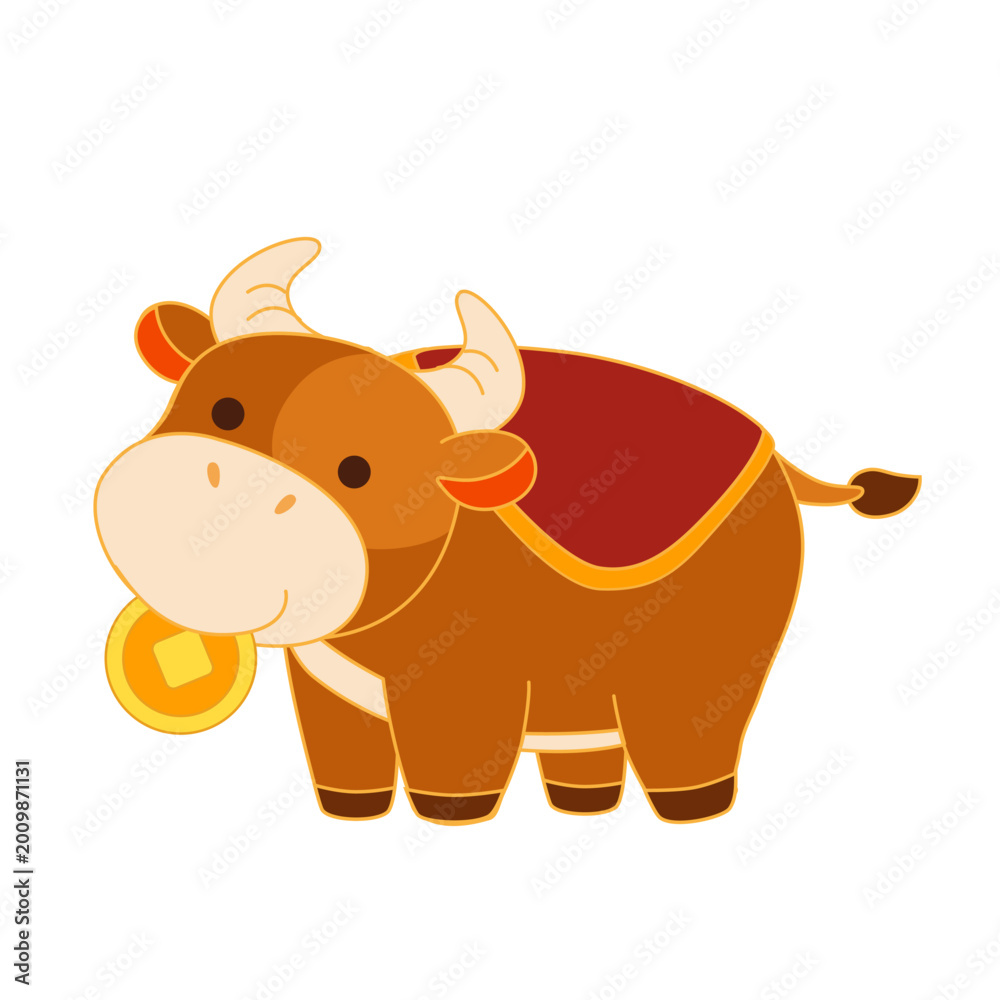 Fototapeta premium Cow grip Chinese golden coin in the mouth showing blessing