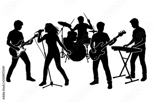 Silhouette of diverse young adults performing in a dynamic rock band.