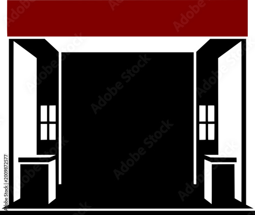 Minimalist illustration of a modern building entrance or interior hallway with a red header and black perspective lines, representing architecture, design, and portal concepts