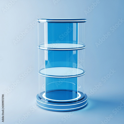 3d rendered stacked glass cylinders with blue liquid for science and technology concept