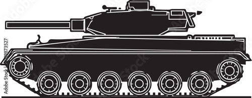Fotografija A stark silhouette of a formidable military tank, a symbol of power and defense, is a bold monochromatic rendering that emphasizes its robust construction