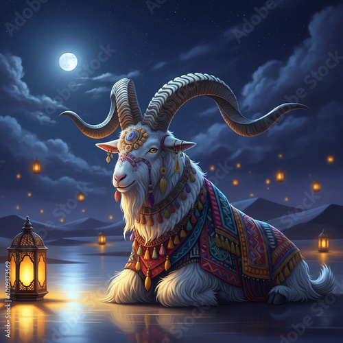 Mystical Horned Goat Under Moonlight with Lanterns by Lake