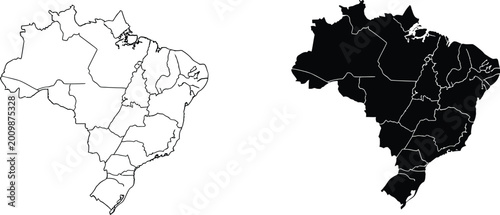 Brazil country map with states in black silhouette and outline line art style Vector