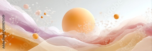 Warm sunrise flowing landscape for summer solstice background and banner design with translucent layered hills and floating floral elements for wallpaper