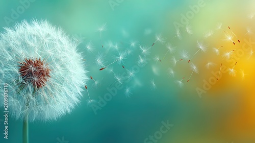 Close-up white dandelion puffball on left side, numerous feathery seeds dispersing mid-air, background light green fading to bright yellow blur. 
