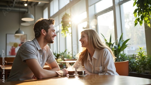 Smiling couple talking over coffee, warm sunlight shining through windows.