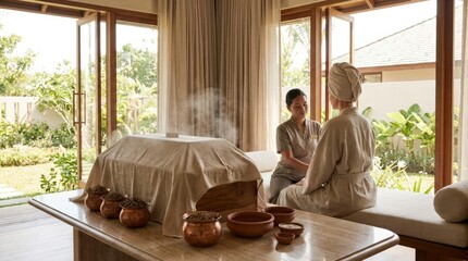 Ayurvedic steam therapy swedana, calming wellness spa scene for herbal care, ayurvedic relaxation, self-care branding and holistic therapy visuals, refined setup, natural light, photorealistic, high