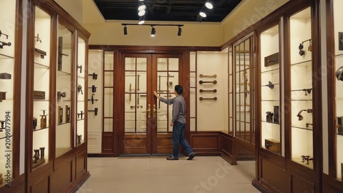 Man Examining Door Hardware Selection in Showroom – Detailed Brass Knob and Lever Display.